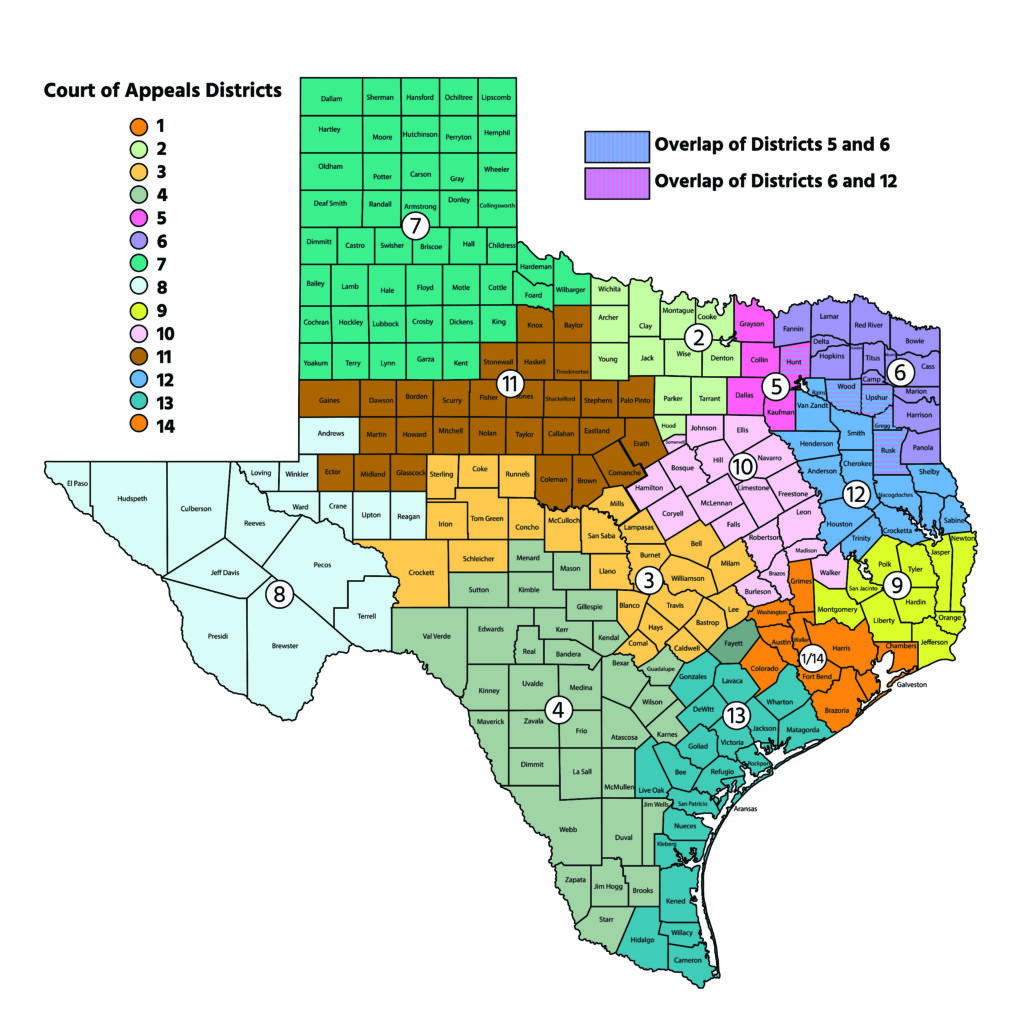 Texas - Court of Appeals Districts (color coded)