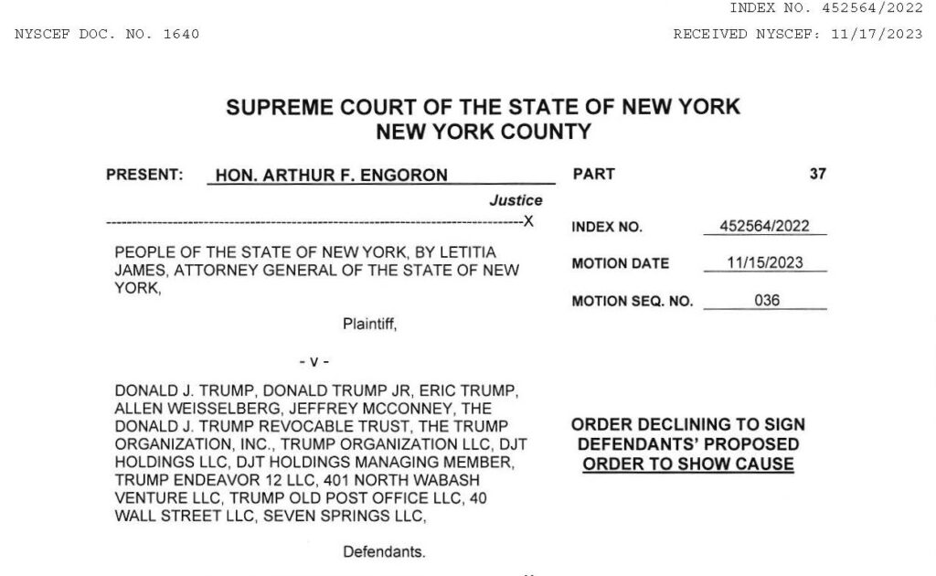 People of the State of New York v. Donald Trump - Order Denying Motion for Mistrial 11-17-2023